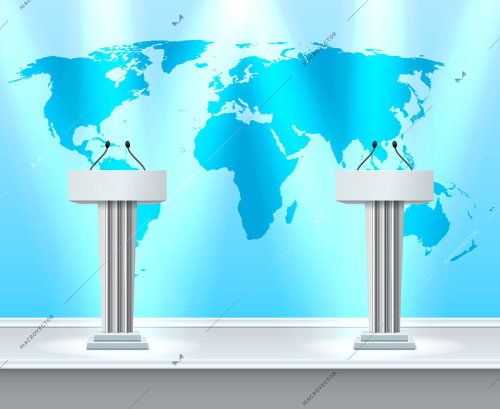 Realistic debate composition with two white tribunes for presentations to large audiences vector illustration