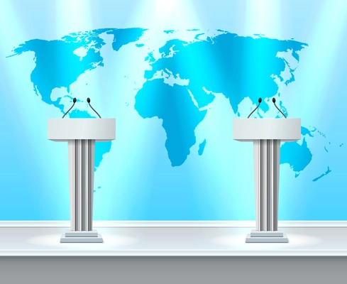 Realistic debate composition with two white tribunes for presentations to large audiences vector illustration