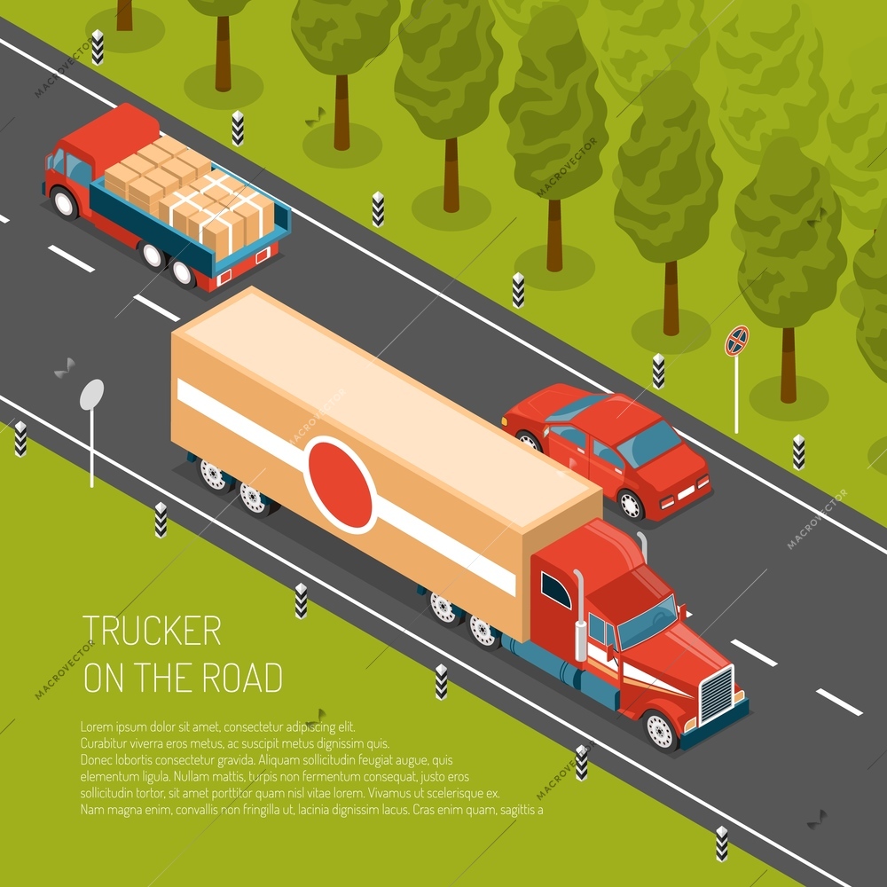 Delivery truck with cargo on road 3d isometric vector illustration