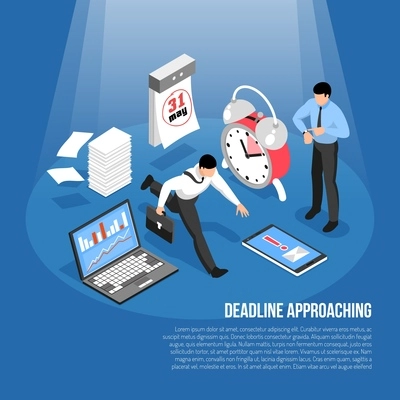 Deadline approaching concept with alarm clock calendar laptop and hurrying men 3d isometric vector illustration