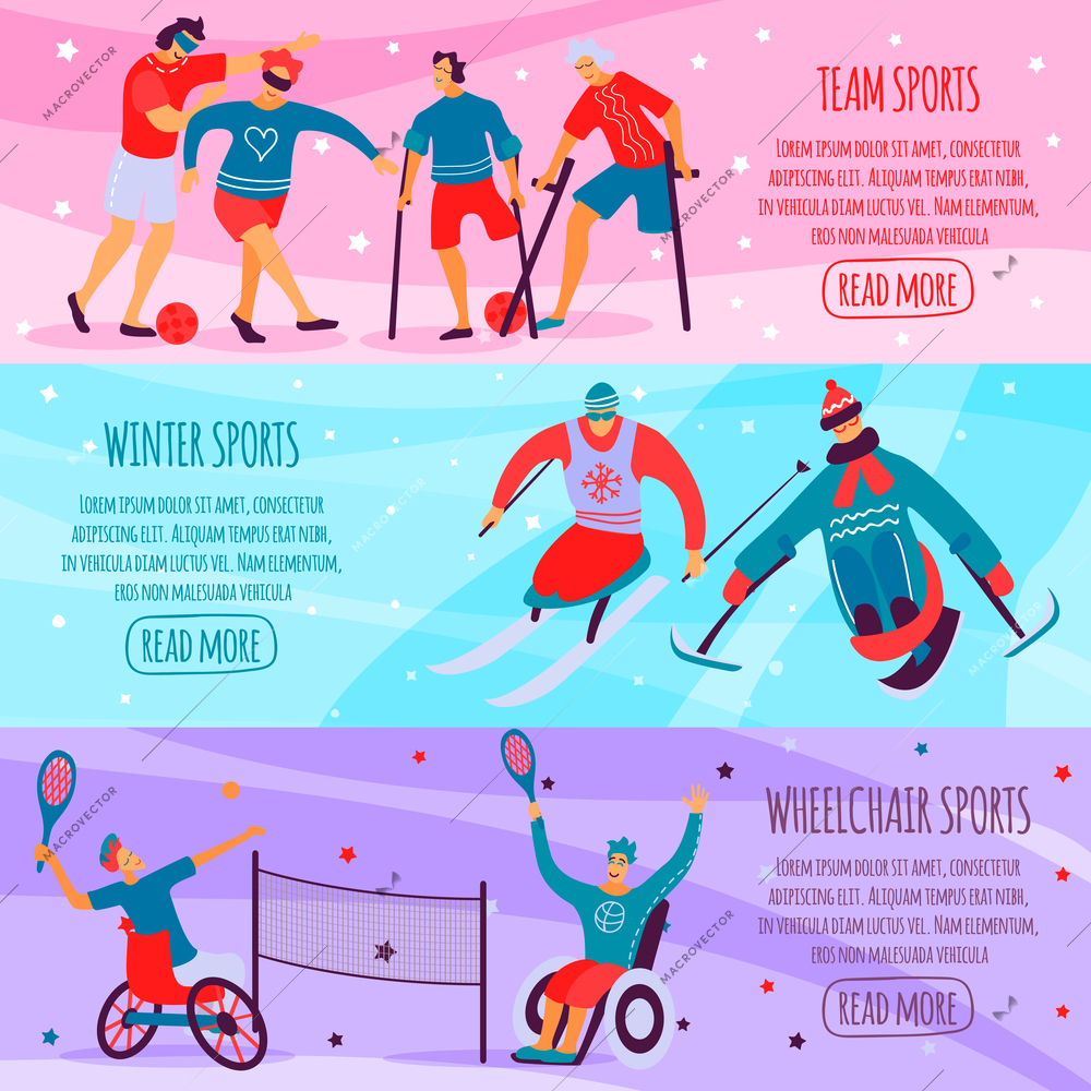 Three horizontal disabled people sport flat banner set with team winter and wheelchair sports descriptions vector illustration