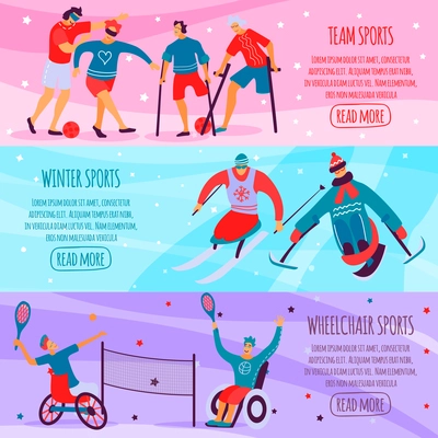 Three horizontal disabled people sport flat banner set with team winter and wheelchair sports descriptions vector illustration