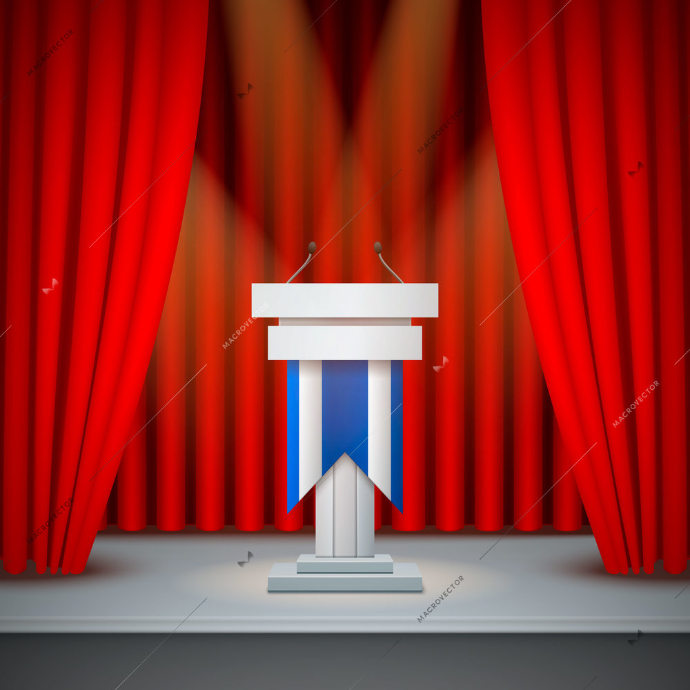 White tribune to speak realistic composition on an empty stage with red curtains vector illustration