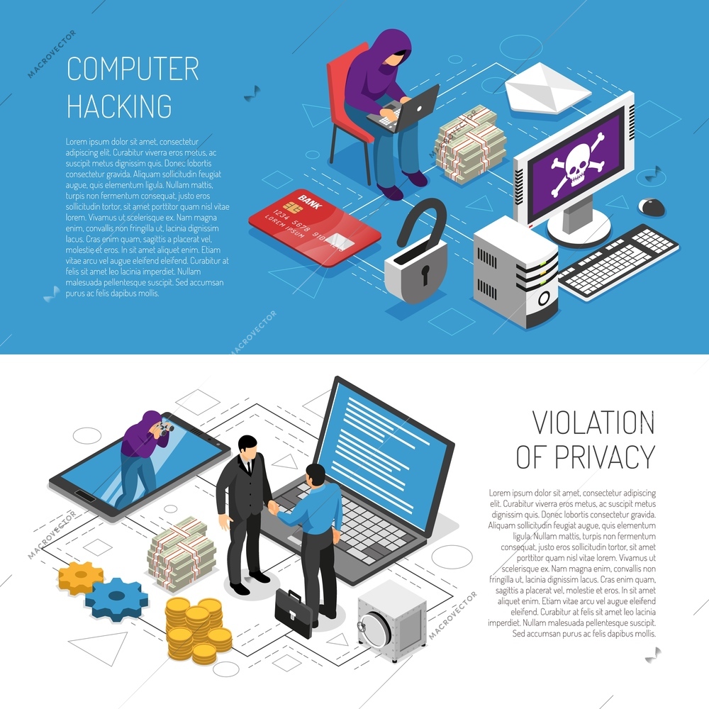 Computer hacking isometric horizontal banners set with hackers stealing personal information 3d isolated vector illustration