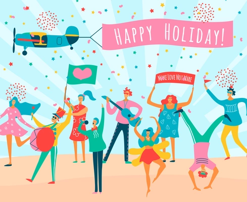 Parade people flat composition with happy holiday flag and group of people celebrate vector illustration