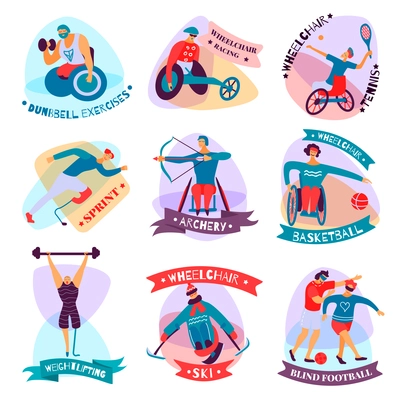 Isolated and flat disabled people sport emblem set with dumbbell exercises wheelchair racing tennis ski basketball and other descriptions vector illustration