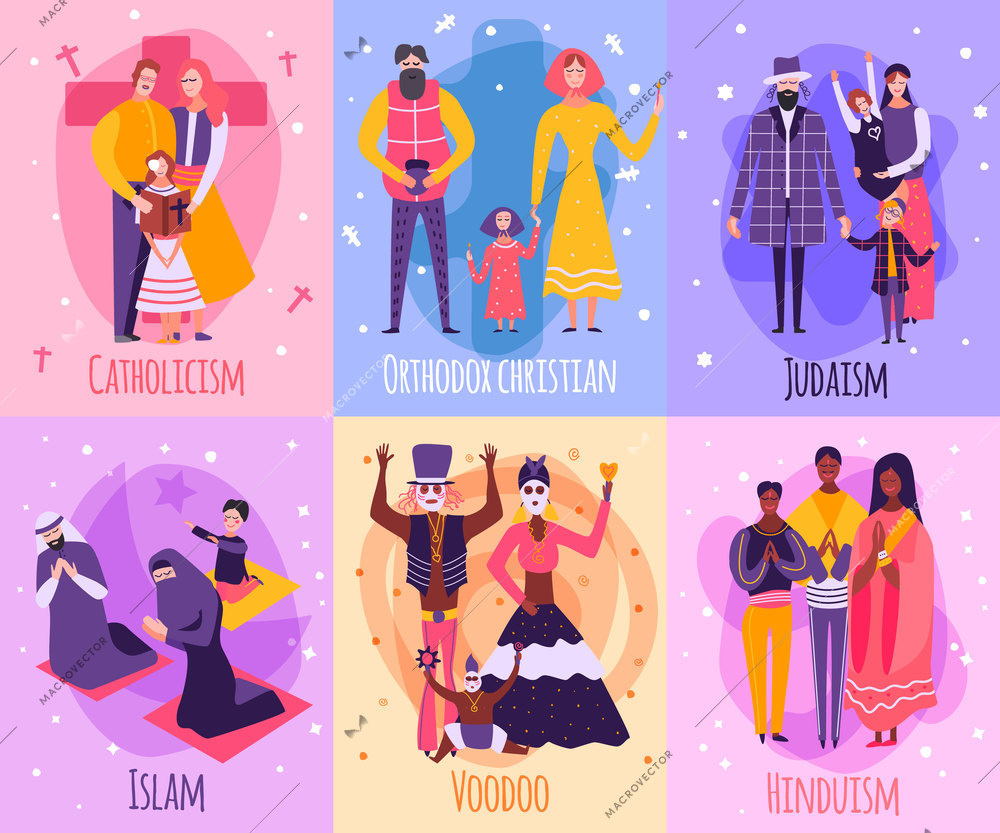 Colored different religious people family card set with Catholicism islam voodoo Hinduism Judaism and orthodox Christian descriptions vector illustration