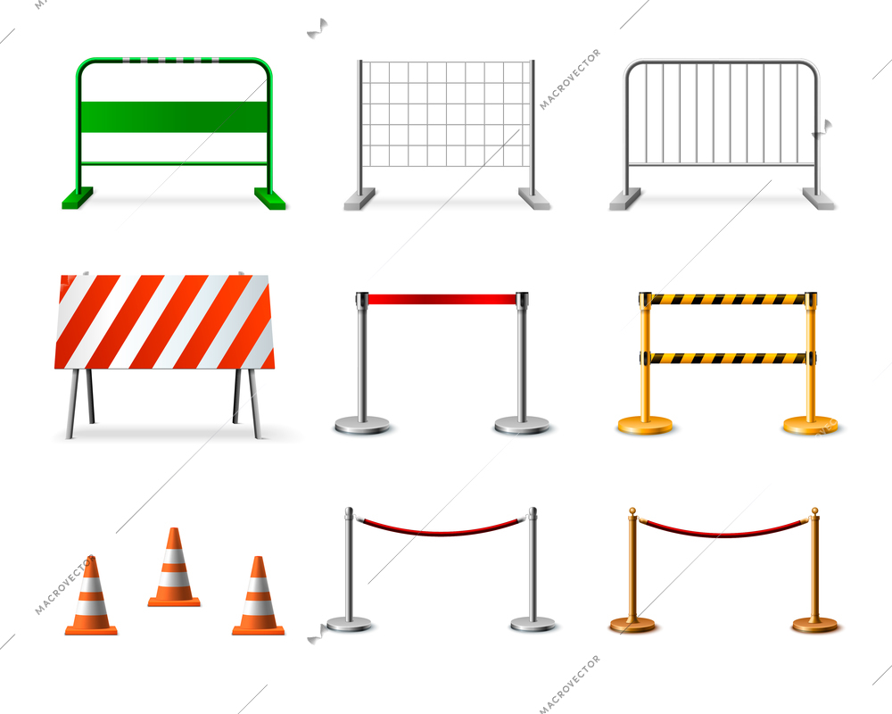 Temporary fencing barrier realistic icon set with various colors forms and purposes vector illustration