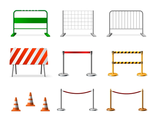 Temporary fencing barrier realistic icon set with various colors forms and purposes vector illustration