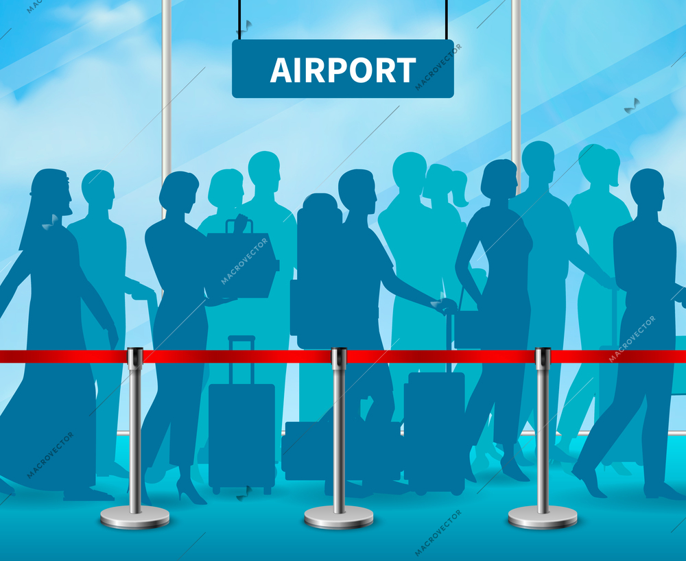 Colored temporary fencing barrier people airport composition in blue style and with crowd of people at the airport vector illustration