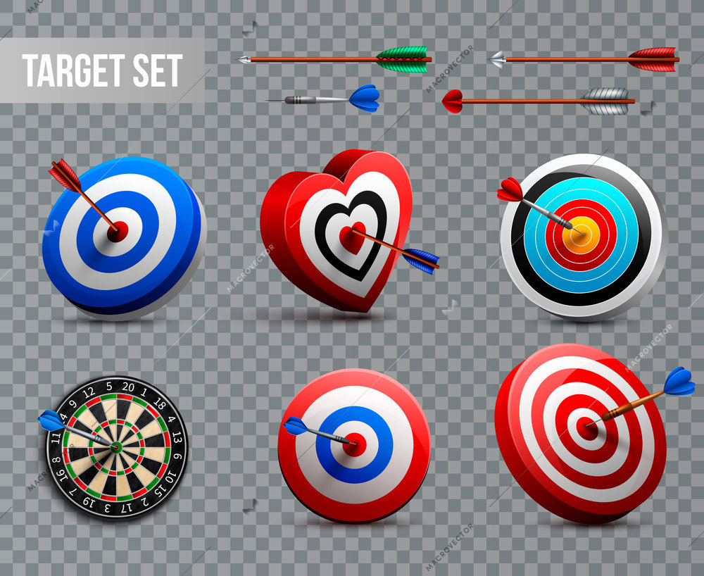 Realistic target icon set with different shapes and styles on transparent background vector illustration