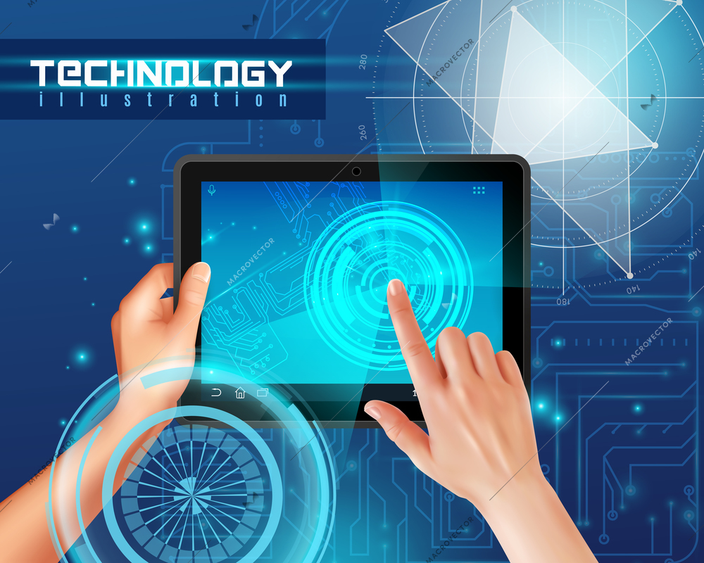 Hands on tablet touchscreen realistic top view image against blue glossy abstract digital technology background vector illustration