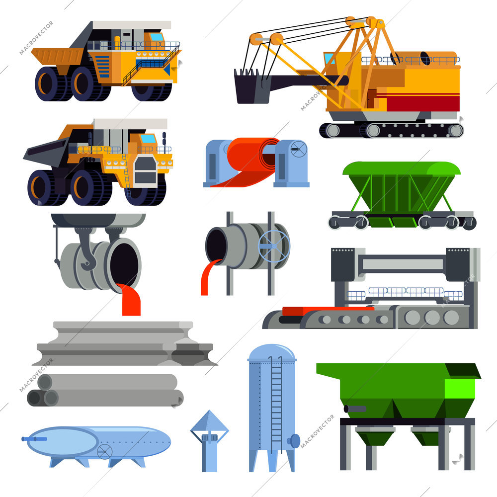 Isolated and flat steel production metallurgy icon set with operating machines and containers for transportation vector illustration