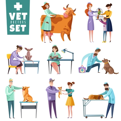 Set of vet doctors during professional examination of pets and farm animals isolated vector illustration