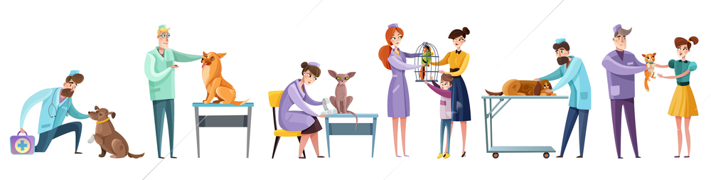 Set of vet doctors during pets examination and owners of domestic animal isolated flat vector illustration