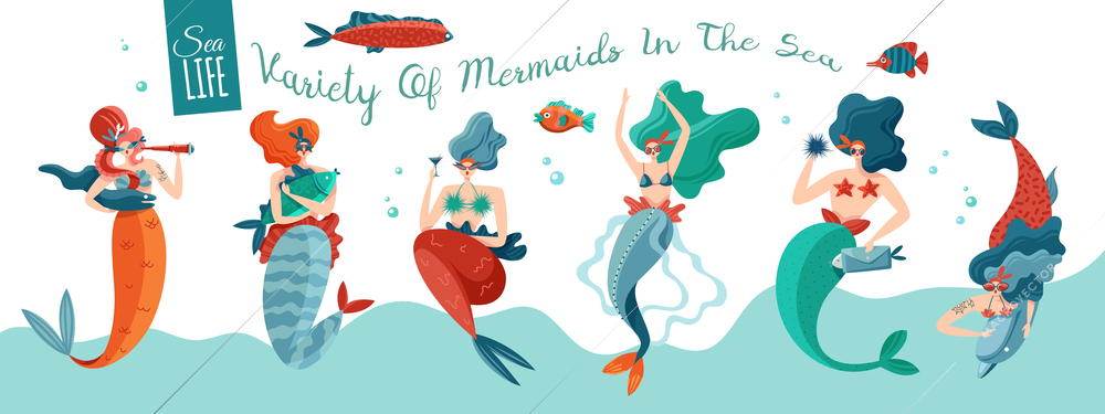 Funny playful sexy mermaids in sea waves with underwater world creatures horizontal ocean life banner vector illustration