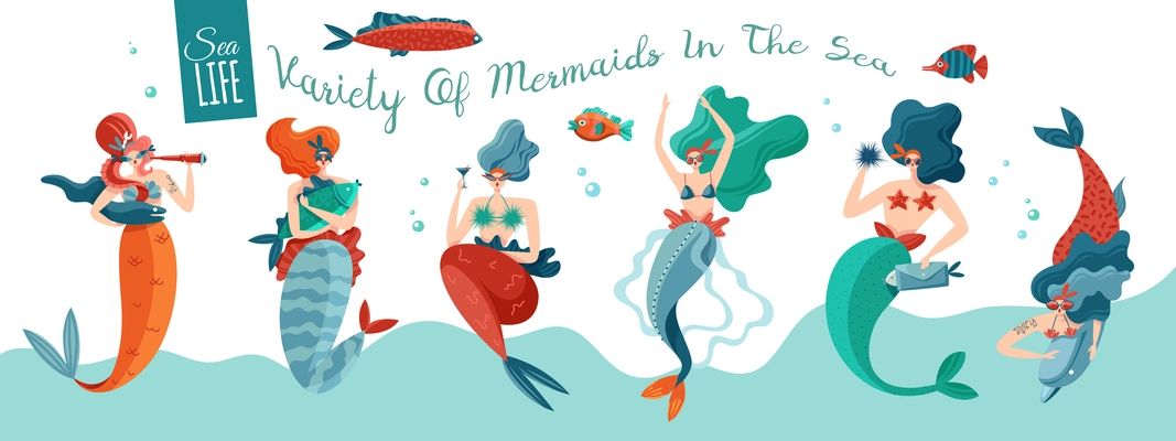 Funny playful sexy mermaids in sea waves with underwater world creatures horizontal ocean life banner vector illustration