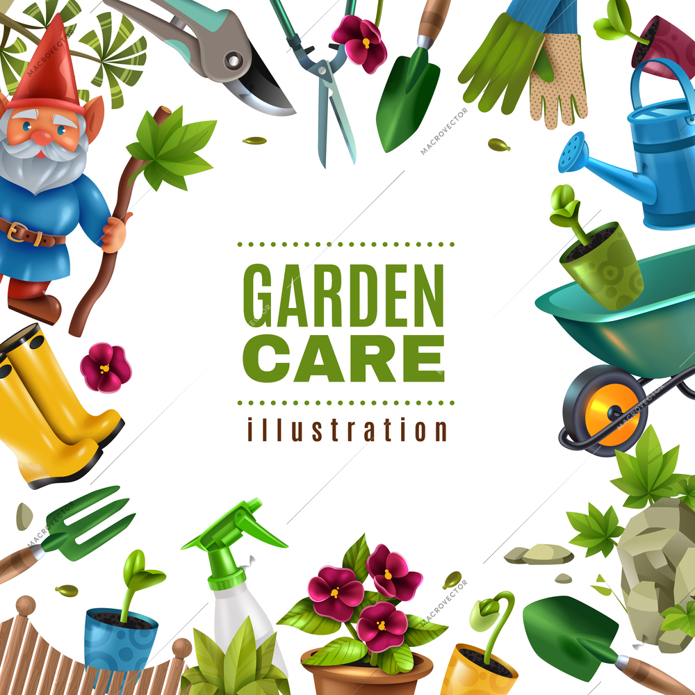 Garden maintenance colorful tools equipment accessories square frame with spade seedlings pruners flowers rake sprayer vector illustration