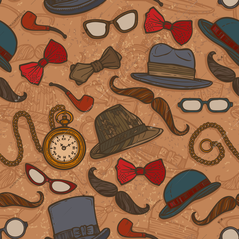 Vintage gentleman hats glasses mustaches bow tie colored seamless pattern vector illustration