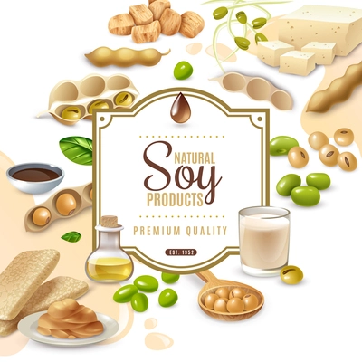 Decorative frame with soy food products on white beige background vector illustration