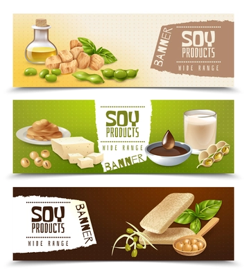 Set of horizontal banners with soy food products isolated on color background vector illustration