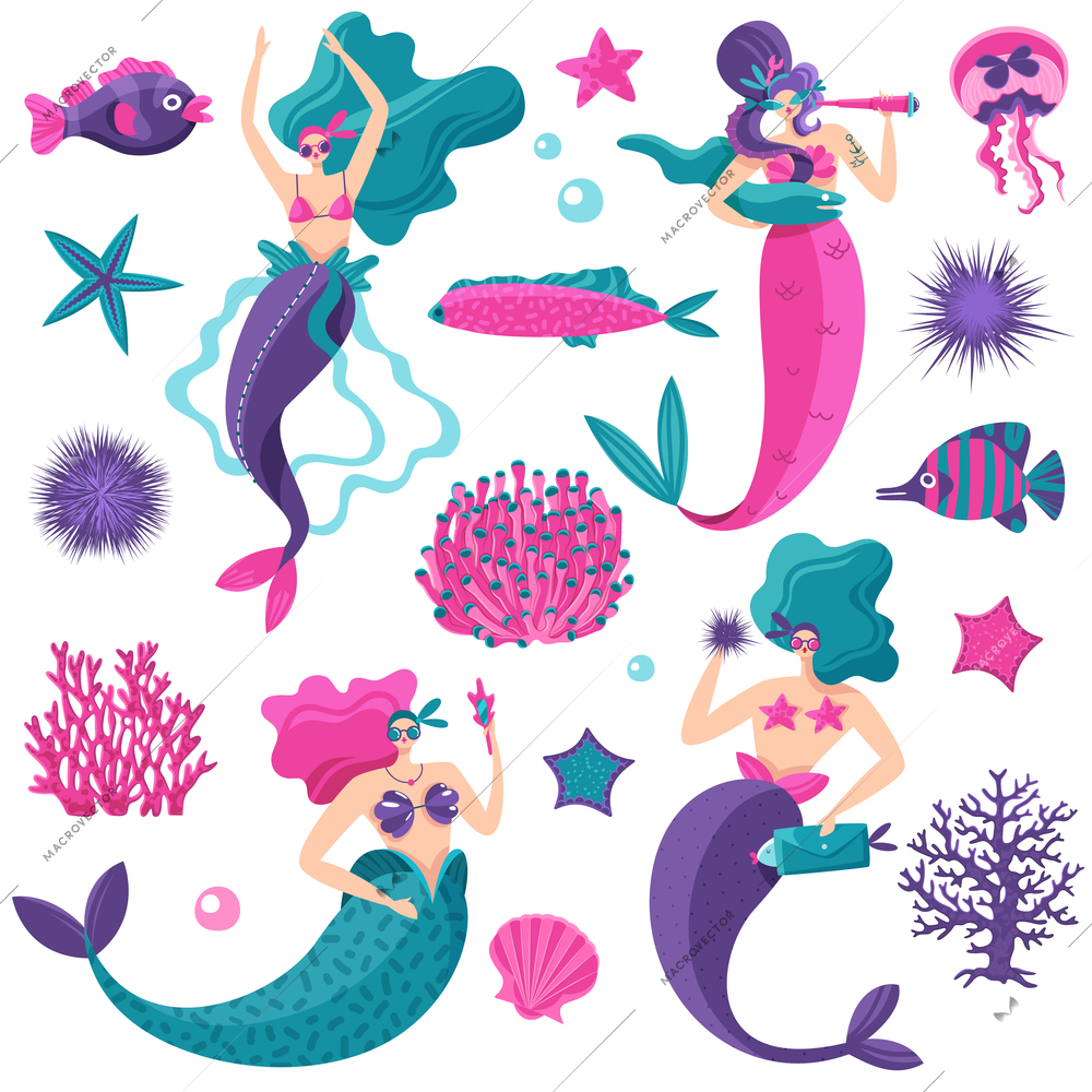 Bright pink petrol violet fantastic sea elements set with mermaids starfish jellyfish fish coral reefs vector illustration