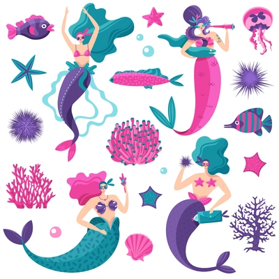 Bright pink petrol violet fantastic sea elements set with mermaids starfish jellyfish fish coral reefs vector illustration