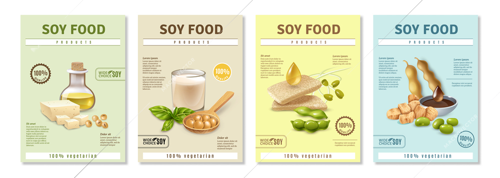 Set of vertical advertising posters with soy food products on colorful background isolated vector illustration