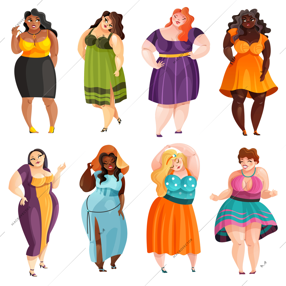 Set of plump pretty women in different elegant dresses isolated vector illustration