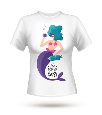 White cotton tricot t-shirt with large fabulous green haired sexy mermaid digital print design vector illustration