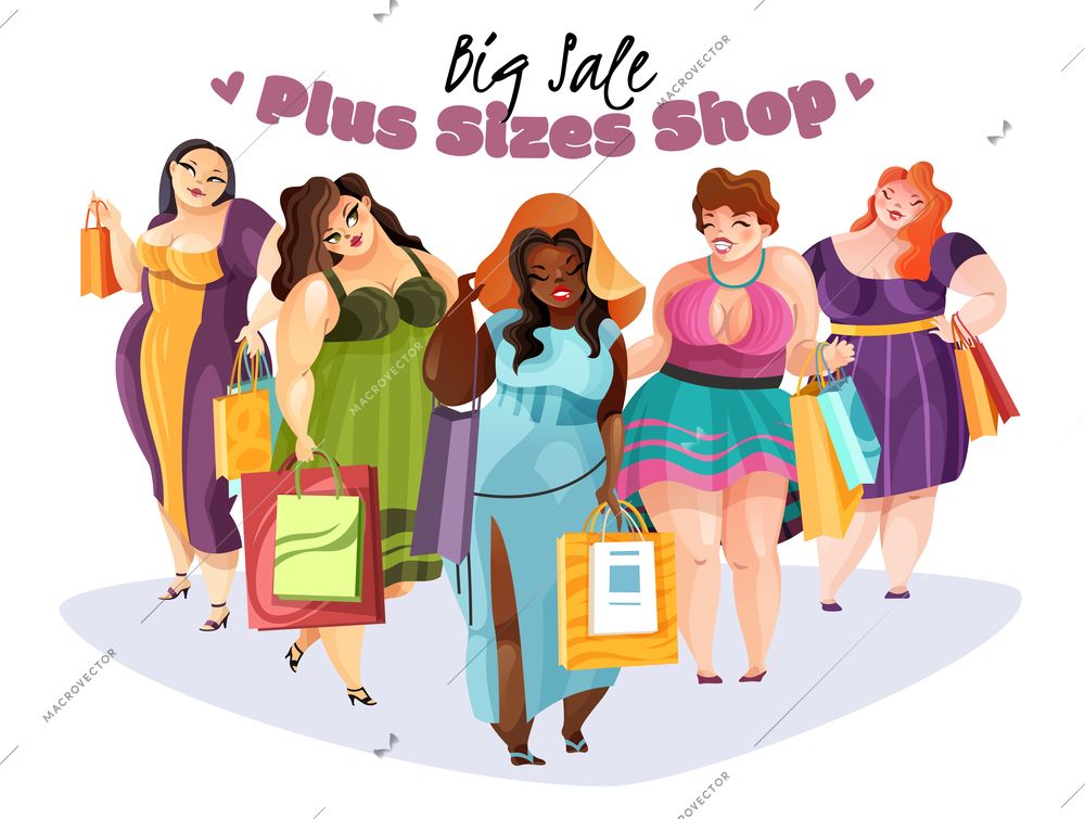 Happy plump women with purchases after plus sizes shop with big sale flat vector illustration