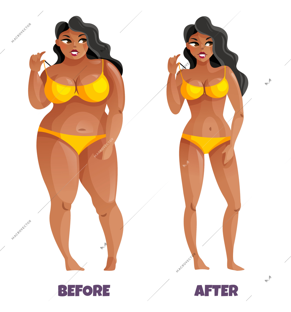 Woman with dark skin and curvy hair in yellow bikini before and after slimming vector illustration