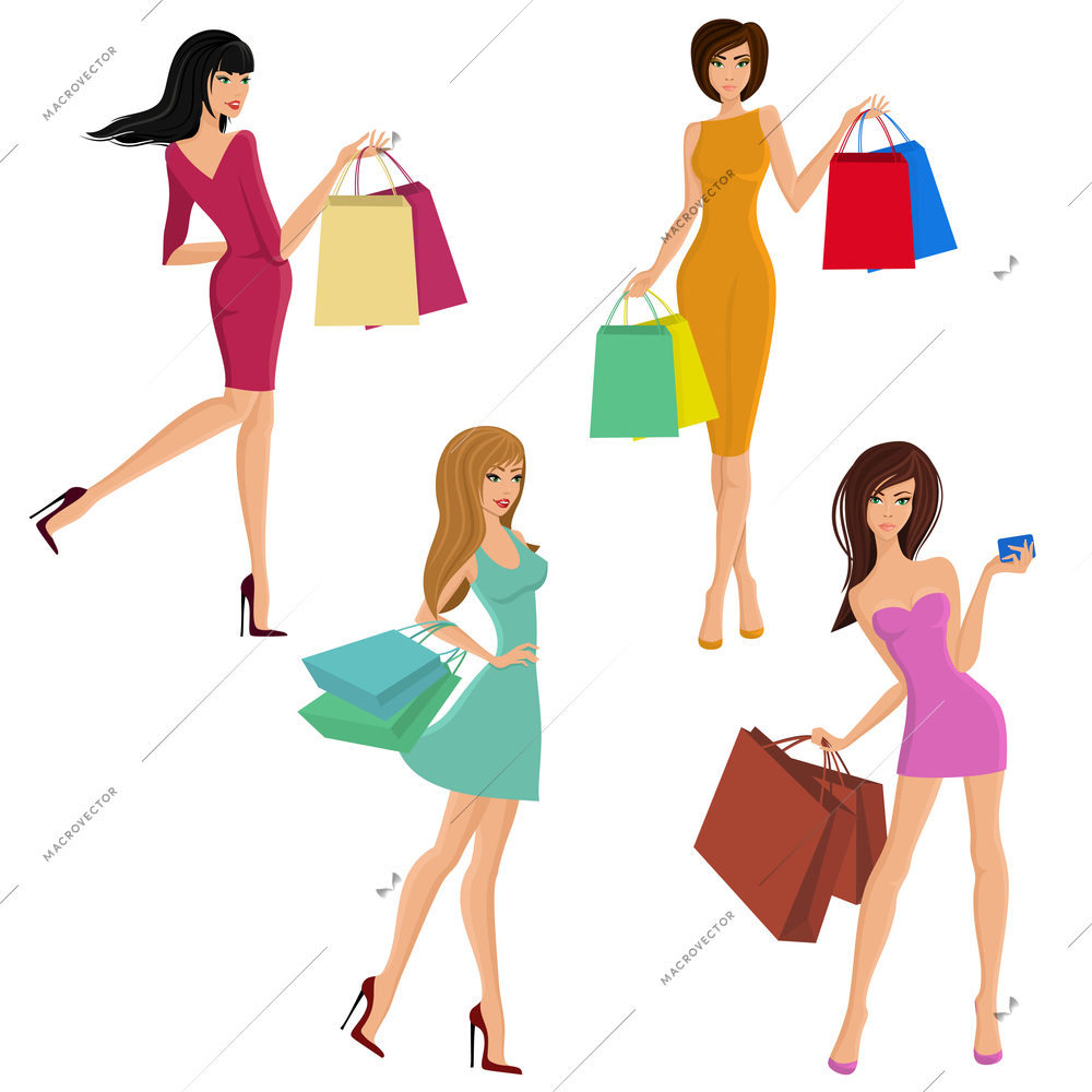 Shopping girl young sexy female figures with fashion bags isolated vector illustration