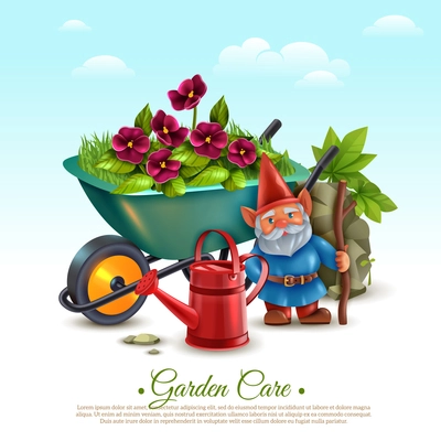Garden maintenance classic vintage style colorful composition with wheelbarrow flowering plants watering can and gnome vector illustration