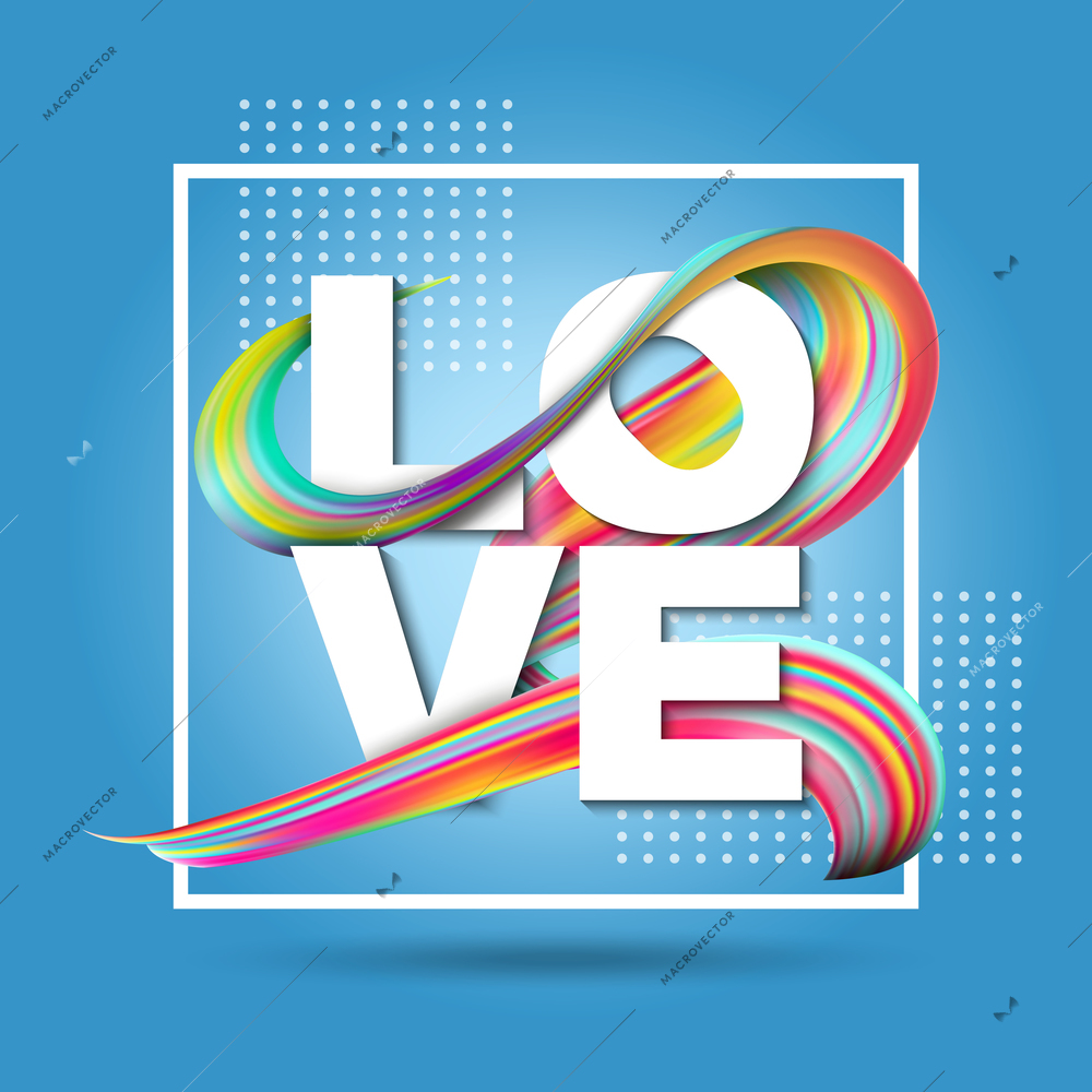 White square frame with word love and bright paint brush stroke on blue background 3d vector illustration