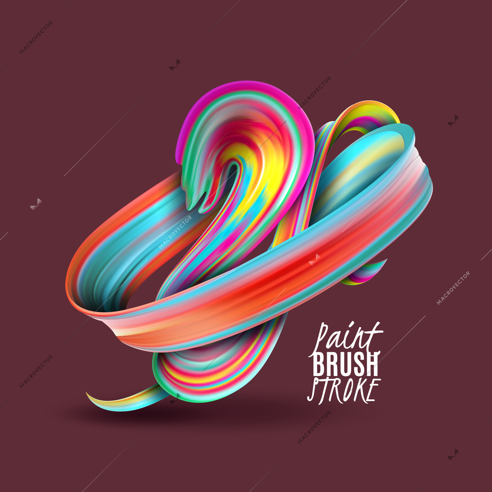 Brush stroke with colorful paints in twisted shape on maroon background 3d vector illustration