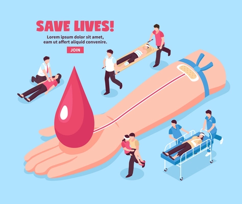 Blood donation isometric concept donor hand with red drop and injured persons on blue background vector illustration