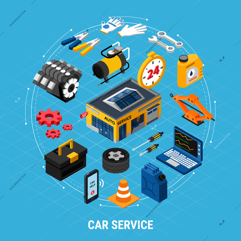 Car service isometric concept with professional help symbols vector illustration