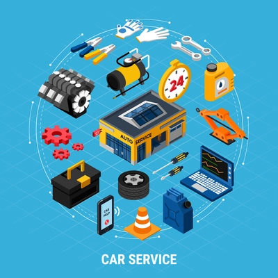 Car service isometric concept with professional help symbols vector illustration