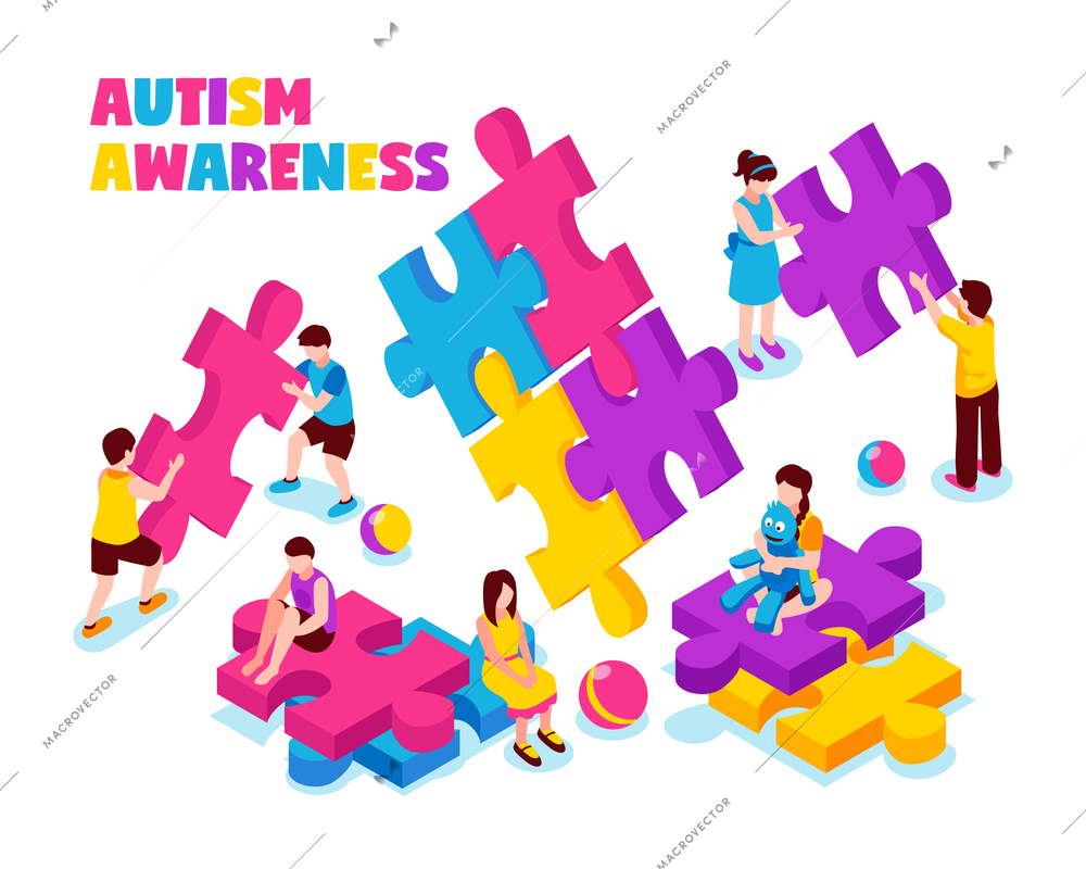 Autism awareness composition kids with colorful puzzle pieces and toys on white background isometric vector illustration