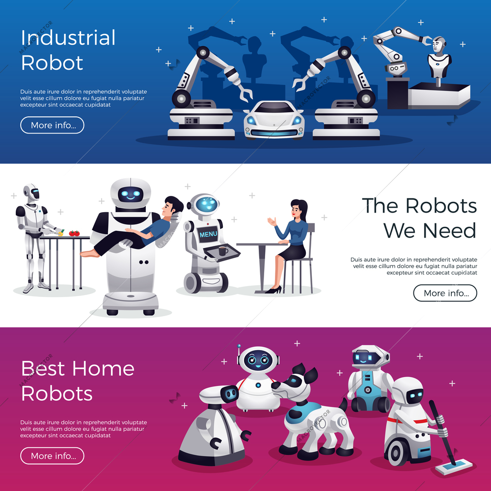 Industrial medical service future home and office helper robots 3 horizontal web page banners isolated vector illustration