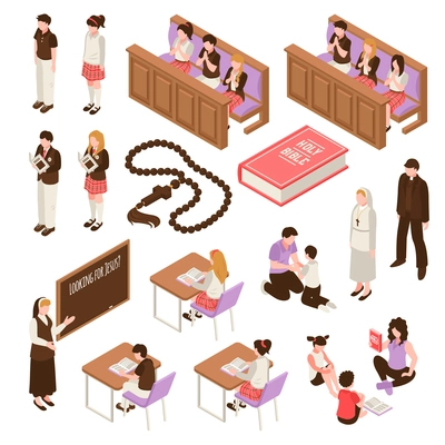 Religious education set of isometric icons learning at sunday school children during praying isolated vector illustration