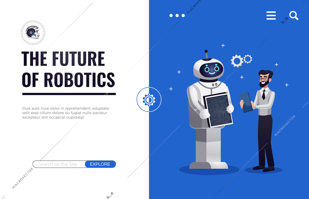 Robotics future concept website title flat design with search button humanoid robot and man cooperation vector illustration