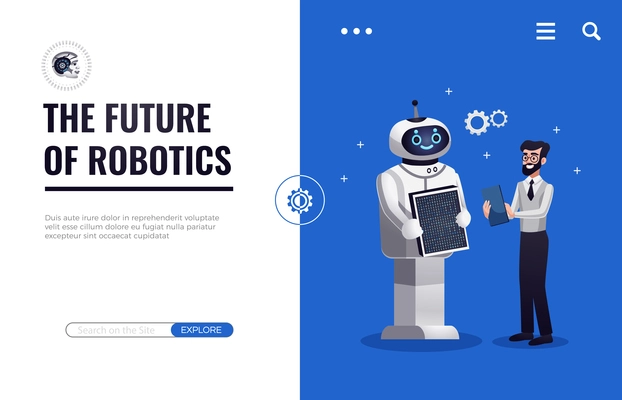 Robotics future concept website title flat design with search button humanoid robot and man cooperation vector illustration
