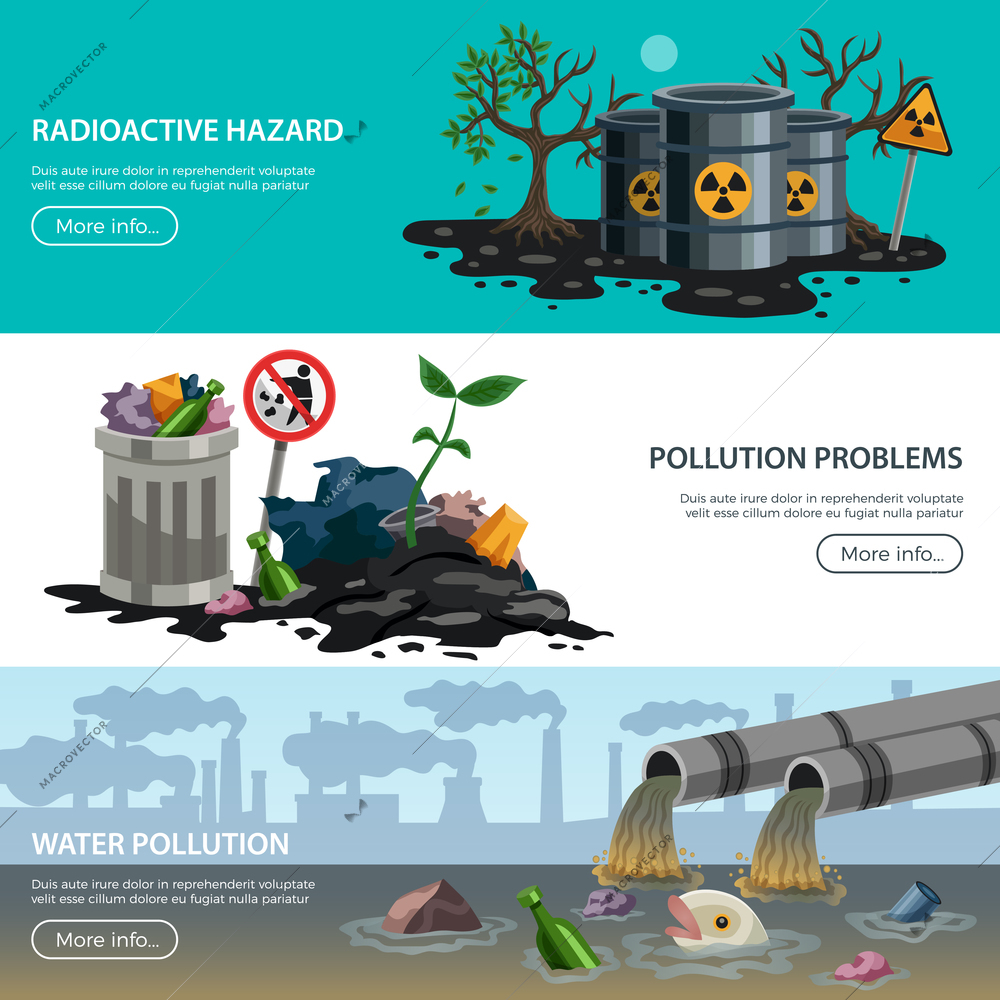 Ecological problems 3 flat horizontal banners web page design with hazardous waste air water pollution vector illustration