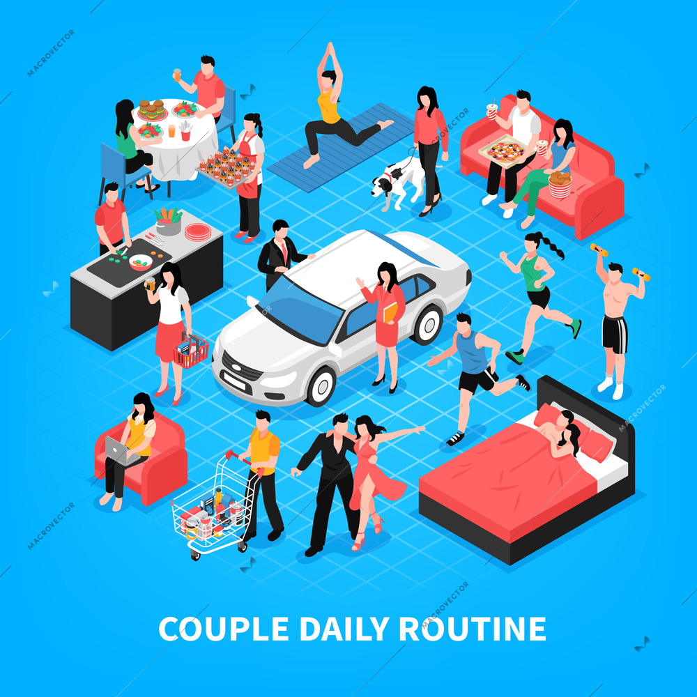 Daily life of couple cooking and work together dancing shopping and sleep blue background isometric vector illustration