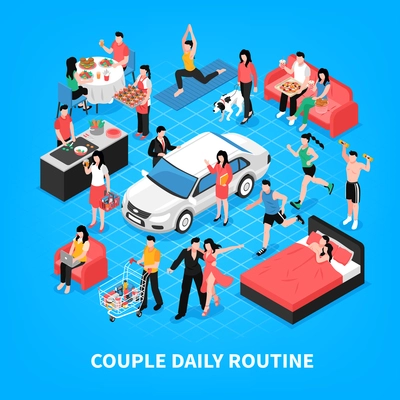 Daily life of couple cooking and work together dancing shopping and sleep blue background isometric vector illustration