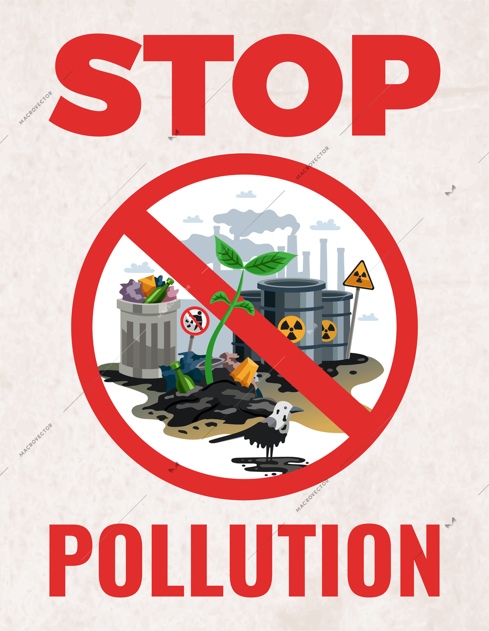 Stop pollution sign ecological awareness poster with save earth protect planet environmental alert symbols flat vector illustration