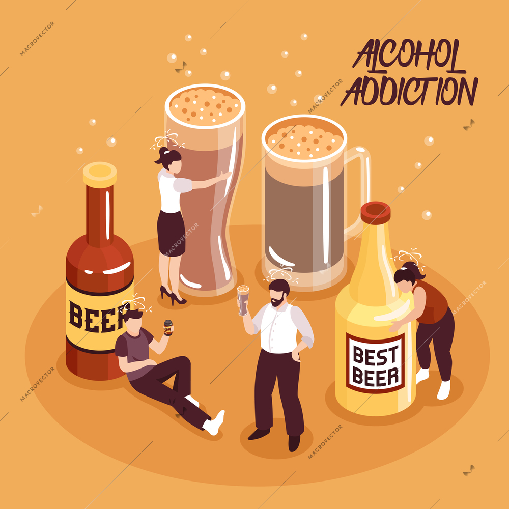 Alcohol abuse isometric composition human characters with beer in bottles and glasses on sand background vector illustration