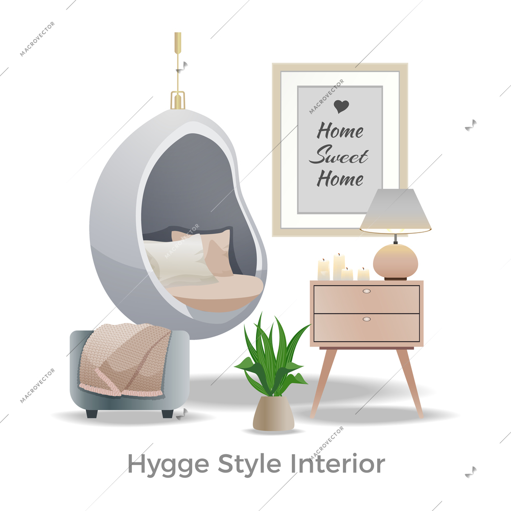 Hygge style interior design element with cozy reading nook plaid pillows candles lamp white background vector illustration